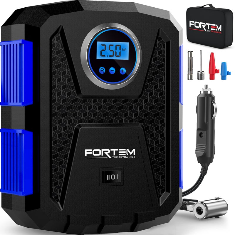 FORTEM فورتيم مضخة هواء محمولة لضغط الإطارات، مضخة هواء لإطارات السيارات والدراجات، مضخة إطارات السيارات مع إيقاف تلقائي، 150 PSI، 12 فولت DC، ضوء LED، حقيبة حمل، للرجال والنساء - Image 1